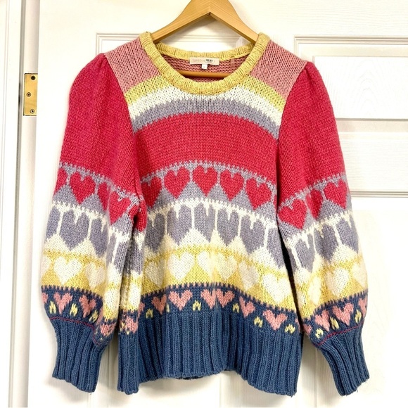 LOVESHACKFANCY Shirelle Puff Sleeve Heart Sweater Wool alpaca Romantic women L - Picture 3 of 13